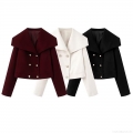Women Fashion Double Breasted Wool Blend Jacket Big Lapel Short Loose Outerwear Coat Wine Red White Black Elegant Winter Autumn Casual Jacket For Lady