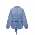 Women's Casual Light Blue Distressed Ripped Denim Shirt Jacket With Waist Belt Long Sleeve Button Down Retro Denim Outerwear For Women