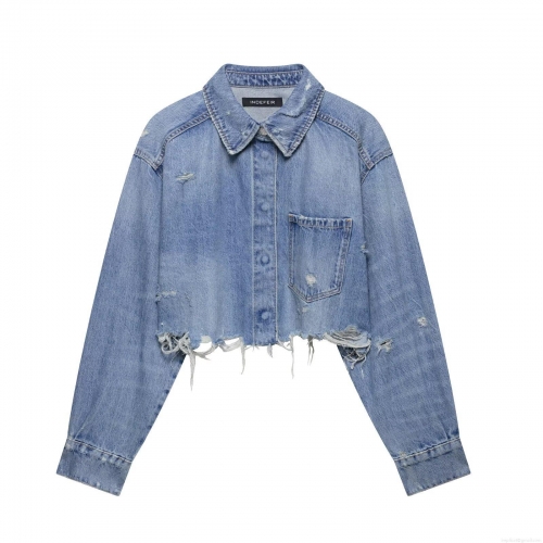 Women's Short Denim Jacket Distressed Ripped Frayed Hem Long Sleeve Washed Jean Crop Jacket For Women Fashion Casual Streetwear Outerwear