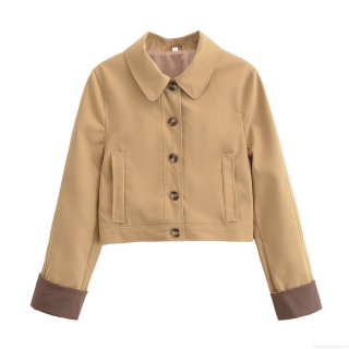 Women's Short Trench Coat Jacket 100% Polyester Lapel Single Breasted Color Block Cuffs Long Sleeve Outerwear For Women Commuting Office Casual Elegant Khaki Jacket