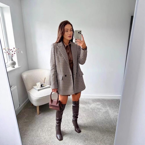 Women Retro Houndstooth Blazer Jacket Double Breasted Notched Lapel Polyester Outerwear For Office Daily Wear Vintage Khaki Plaid Long Sleeve Coat