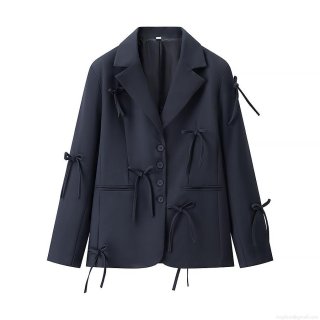 Women Elegant Bow Decorative Blazer Jacket Long Sleeve Single Breasted Turn-Down Collar Solid Color Polyester Coat For Office Lady Daily Sweet Outerwear