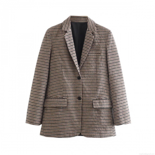 Women's Vintage Houndstooth Blazer Loose Fit Single Breasted Plaid Jacket 100% Polyester Long Sleeve Commuter Office Outerwear With Pockets