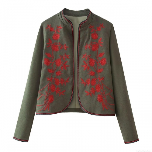 Women's Ethnic Floral Embroidery Jacket Stand Collar Long Sleeve Open Front Polyester Short Coat Vintage Style Outerwear For Spring Autumn