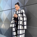 Women's Plaid Long Teddy Coat Black White Checkered Faux Fur Overcoat Winter Warm Oversized Sherpa Jacket Streetwear Outerwear