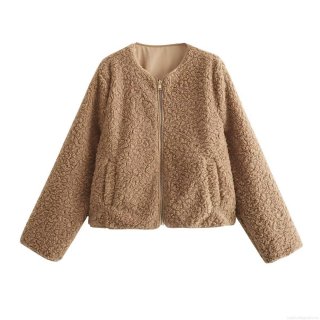 Women's Sherpa Fleece Jacket Zipper Up Short Teddy Coat Warm Soft Long Sleeve Outerwear Solid Color Streetwear Casual Winter Clothing For Ladies