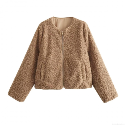 Women's Sherpa Fleece Jacket Zipper Up Short Teddy Coat Warm Soft Long Sleeve Outerwear Solid Color Streetwear Casual Winter Clothing For Ladies