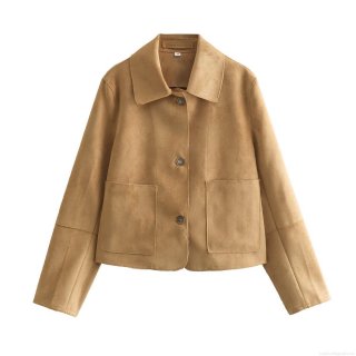 Women's Suede Faux Leather Short Jacket Fashion Lapel Single Breasted Coat Casual Fall Spring Outerwear With Pockets Khaki Solid Color Lady Jacket