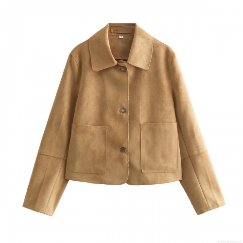 Women's Suede Faux Leather Short Jacket Fashion Lapel Single Breasted Coat Casual Fall Spring Outerwear With Pockets Khaki Solid Color Lady Jacket