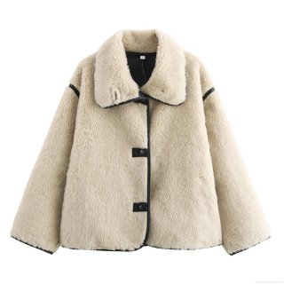 Women's Faux Fur Shearling Jacket Elegant Lapel Single Breasted Short Coat With Black Contrast Binding Casual Warm Loose Outerwear For Autumn Winter