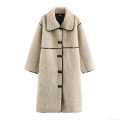 Women's Faux Fur Long Coat Elegant Beige Lamb Wool Fleece Jacket with Contrast Piping Single Breasted Lapel Outerwear for Winter Casual Party Wear