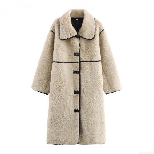 Women's Faux Fur Long Coat Elegant Beige Lamb Wool Fleece Jacket with Contrast Piping Single Breasted Lapel Outerwear for Winter Casual Party Wear