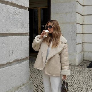 Women's Faux Suede Shearling Jacket Warm Lamb Wool Lined Coat Fashion Lapel Single Breasted Short Outerwear For Winter Casual Streetwear