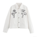 Women's White Short Jacket With Black Floral Line Embroidery Heavyweight Polyester Long Sleeve Lapel Single Breasted Button Up Streetwear Casual Outerwear