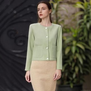 Women's Elegant Tweed Jacket Short Crop Coat Light Green Crew Neck Long Sleeve Single Breasted Outerwear With Metal Buttons For Daily Work Lady Autumn Spring Fashion Jacket