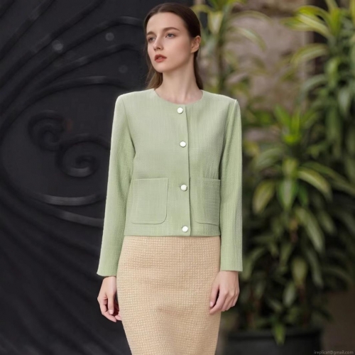 Women's Elegant Tweed Jacket Short Crop Coat Light Green Crew Neck Long Sleeve Single Breasted Outerwear With Metal Buttons For Daily Work Lady Autumn Spring Fashion Jacket