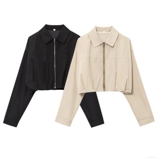 Women's Fashion Cropped Jacket Long Sleeve Lapel Zipper Up Short Outwear Solid Color Casual Pleated Coat For Spring Autumn