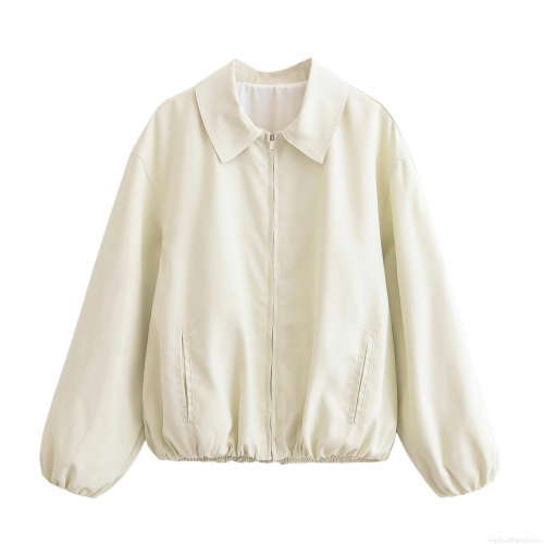 Women's Casual Bomber Jacket Lightweight Polyester Fabric Outerwear With Lapel Collar Full Zip Up Coat Elastic Hem For Daily Fashion Lady