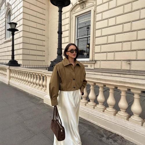 Women's Khaki Short Utility Jacket Pleated Twill Long Sleeve Workwear Coat With Lapel Shoulder Epaulets Casual Single Breasted Fashion Outerwear For Streetwear