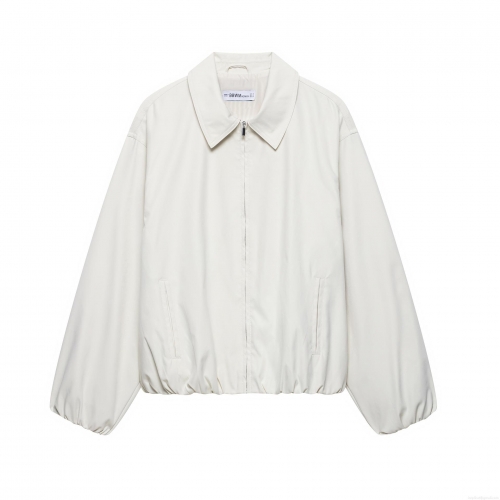 Women's Fashionable Bomber Jacket 100% Polyester Solid Color Lapel Full Zipper Outerwear Long Sleeve Short Coat With Elastic Hem For Ladies