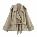 Women's Short Trench Coat Polyester Windproof Double Breasted With Belt Lapel Long Sleeve Casual Daily Outerwear Classic Spring Autumn Jacket For Women Khaki Beige