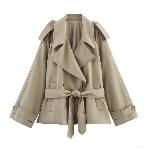 Women's Short Trench Coat Polyester Windproof Double Breasted With Belt Lapel Long Sleeve Casual Daily Outerwear Classic Spring Autumn Jacket For Women Khaki Beige