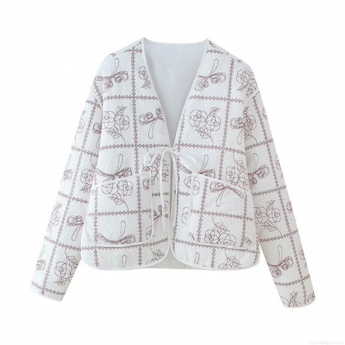 Women's Vintage Ethnic Quilted Jacket Floral Bow Embroidery Cotton Polyester Blend V Neck Tie Front Long Sleeve Coat With Pockets For Autumn Winter Casual Wear