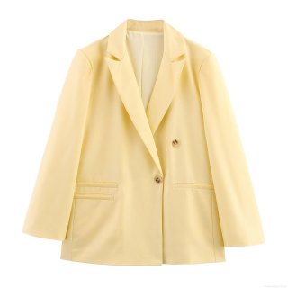 Women's Fashion Minimalist Linen Blend Blazer Double Breasted Long Sleeve Notched Lapel Suit Jacket Pale Yellow Solid Color Commuter Office Outerwear For Lady