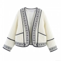 Women's Ethnic Embroidery Quilted Jacket Bohemian Geometric Pattern Open Front Cotton Short Coat Casual Loose Outerwear For Women