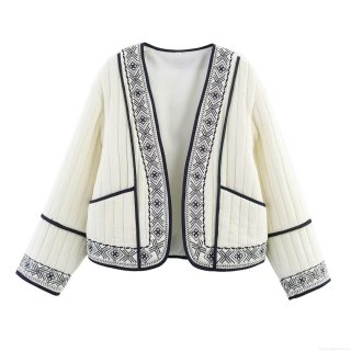 Women's Ethnic Embroidery Quilted Jacket Bohemian Geometric Pattern Open Front Cotton Short Coat Casual Loose Outerwear For Women