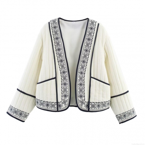 Women's Ethnic Embroidery Quilted Jacket Bohemian Geometric Pattern Open Front Cotton Short Coat Casual Loose Outerwear For Women