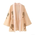 Women's Elegant Kimono Jacket Chiffon Silk Blend Embroidered Beaded Wrap Top With Gold Floral Sequin Tie-Up Closure Short Outerwear For Party Evening