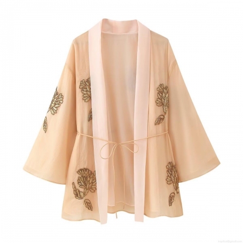 Women's Elegant Kimono Jacket Chiffon Silk Blend Embroidered Beaded Wrap Top With Gold Floral Sequin Tie-Up Closure Short Outerwear For Party Evening