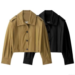 Women's Fashion Short Jacket With Epaulettes And Pleated Details Single Breasted Long Sleeve Solid Color Workwear Style Crop Coat For Women Daily Wear