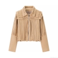 Women's Western Faux Suede Fringe Jacket Cropped Tassel Moto Biker Coat With Rivets Bohemian Style Short Outerwear For Daily Party Autumn Winter
