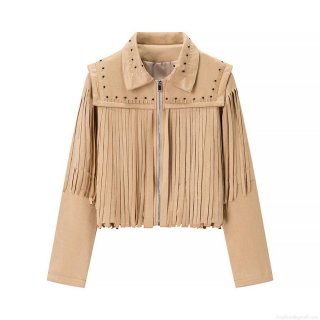 Women's Western Faux Suede Fringe Jacket Cropped Tassel Moto Biker Coat With Rivets Bohemian Style Short Outerwear For Daily Party Autumn Winter