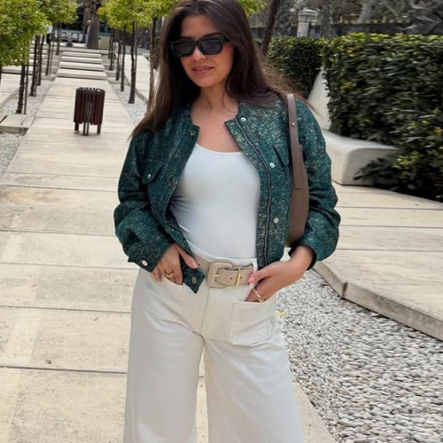 Women Metallic Textured Short Jacket Polyester Woven Fabric Zipper Flap Pockets Party Streetwear Vintage Y2K Long Sleeve Stand Collar Top Outwear