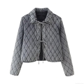 Women's Vintage Stone Washed Quilted Denim Jacket Diamond Pattern Padded Outerwear Ribbon Tie Bow Short Winter Coat For Ladies