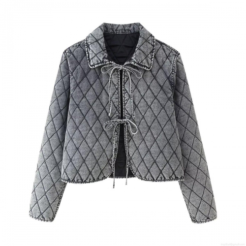 Women's Vintage Stone Washed Quilted Denim Jacket Diamond Pattern Padded Outerwear Ribbon Tie Bow Short Winter Coat For Ladies