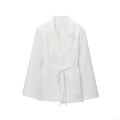 Women's Elegant Polyester Blend Blazer Jacket With Waist Tie Belt Notched Lapel Long Sleeve Casual Commuter Suit Coat For Office Lady Work Party