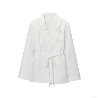 Women's Elegant Polyester Blend Blazer Jacket With Waist Tie Belt Notched Lapel Long Sleeve Casual Commuter Suit Coat For Office Lady Work Party