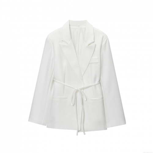 Women's Elegant Polyester Blend Blazer Jacket With Waist Tie Belt Notched Lapel Long Sleeve Casual Commuter Suit Coat For Office Lady Work Party