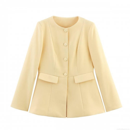 Women's Round Neck Long Sleeve Short Jacket Solid Light Yellow Slim Fit Single Breasted Buttons Twill Polyester Outwear Coat For Ladies Office Casual Wear