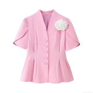 Women Elegant Short Sleeve Blazer Top V-Neck Waist-Cinching Slim Fit Jacket With Handcrafted 3D Flower Single Breasted Puff Sleeve Blouse For Ladies Pink