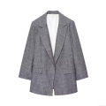 Women's Casual Linen Style Blazer Jacket Solid Grey Long Sleeve Commuter Office Work Suit Outerwear With Striped Cuffs For Ladies