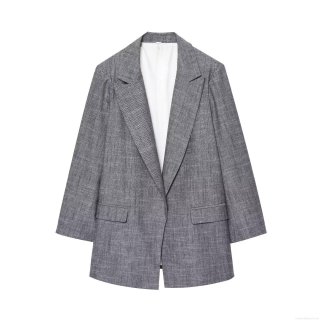 Women's Casual Linen Style Blazer Jacket Solid Grey Long Sleeve Commuter Office Work Suit Outerwear With Striped Cuffs For Ladies