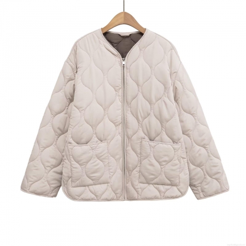 Women's Casual Lightweight Quilted Jacket Wave Gourd Pattern Zip Up Padded Coat With Pockets Solid Apricot Outerwear For Autumn Winter