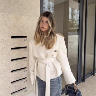 Women Fashion Short Woolen Coat Elegant Tie-up Waist Blazer Jacket With Lapel Long Sleeve Solid Color Casual Outerwear For Spring Autumn Lady