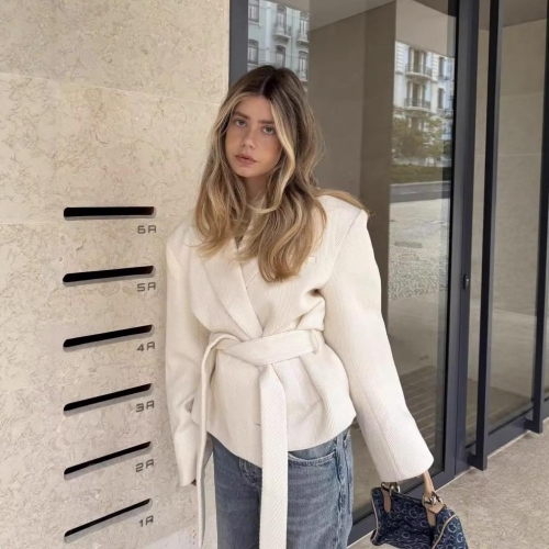 Women Fashion Short Woolen Coat Elegant Tie-up Waist Blazer Jacket With Lapel Long Sleeve Solid Color Casual Outerwear For Spring Autumn Lady
