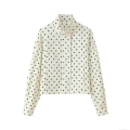 Women's Vintage Polka Dot Jacket French Style Stand Collar Puff Sleeve Cropped Outerwear Zipper Up Casual Workwear Coat For Ladies